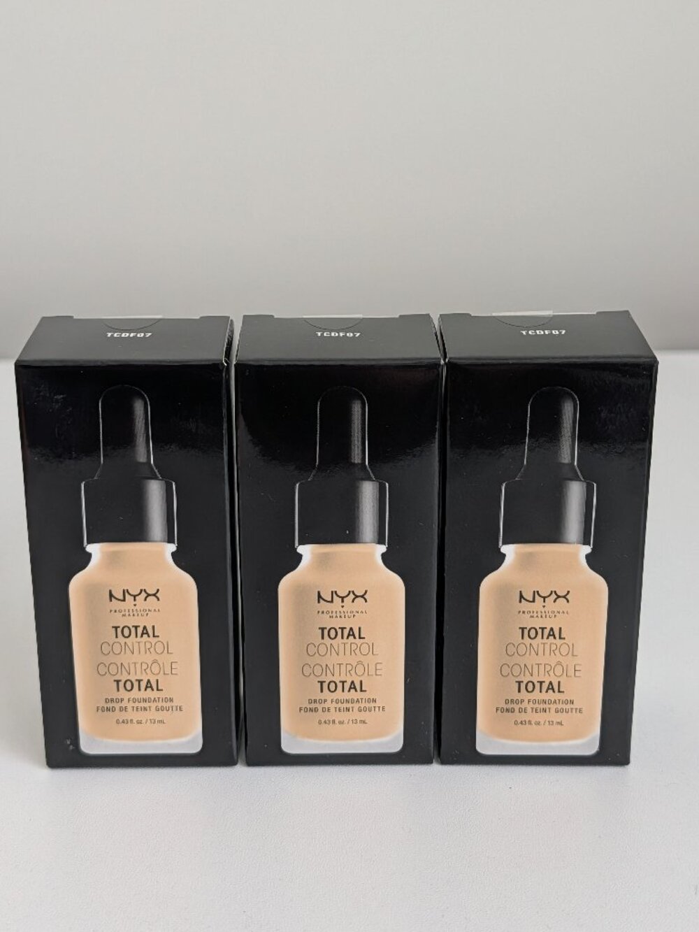 NYX Total Control Drop Foundation Box of 3 Color TCDF07 Natural 0.43 oz NEW